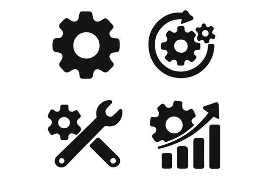 Gear settings icon set of 4. Vector glyph pictograms of cogwheel and wrench. Optimization, process, system update, configuration, maintenance, and automation concept.