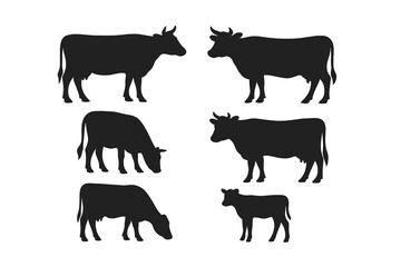 Fototapeta premium Cow silhouettes vector icon set. Farm animals, cattle, and livestock collection. Black figures of standing and grazing cows, bulls, and calves. Beef and dairy industry symbol.