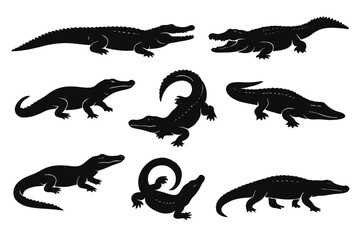 Naklejka premium Crocodile alligator black silhouette vector illustration set. Collection of reptile predators in various poses. Wildlife animal icons for zoo, nature, and safari design.