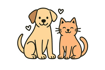 Cute dog and cat friends vector illustration. Happy pets sitting together with hearts. Cartoon animal characters perfect for pet lovers, veterinary, or shelter concepts.