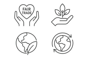 Fair trade and sustainability line icon set. Vector pictograms of ethical practices, eco-friendly initiatives, global responsibility, and environmental care. Thin linear symbols.