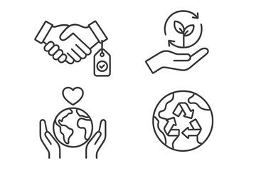Fair trade & sustainability line icon set. Vector pictograms of ethical practices, eco-friendly initiatives, global responsibility, planet care, recycling & environmental conservation.