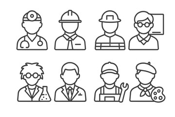 Profession line icon set. Minimalist vector pictograms of job occupations like doctor, engineer, firefighter, teacher, scientist, lawyer, mechanic, and artist.