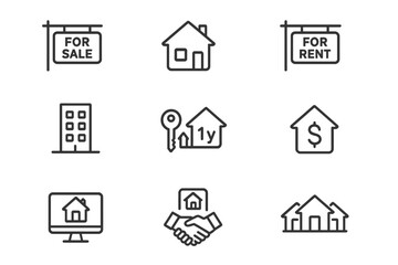 Modern Real Estate Line Icon Set for Property Sale, Rent, Agency, Website, App, Apartment, House, Key, Investment, Digital Marketing, Transparent PNG, Vector Illustration