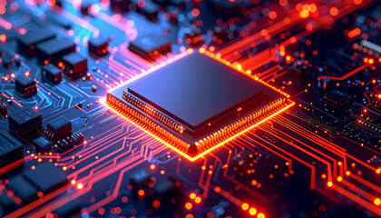 Cybernetic Core: A close-up view unveils the intricate architecture of a high-tech computer processor, radiating with futuristic brilliance, embodying the cutting edge of technology.