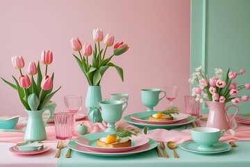 A pastel table setting with tulips and toast food