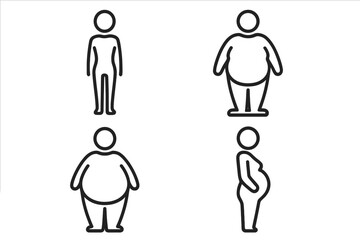 Body Weight Diversity Line Icons Set. Vector Pictograms of Human Figures Showing Underweight, Normal, Overweight, Obesity, Pregnancy, BMI, Health, Thin, Fat, Body Shape, Medical Concept Illustration