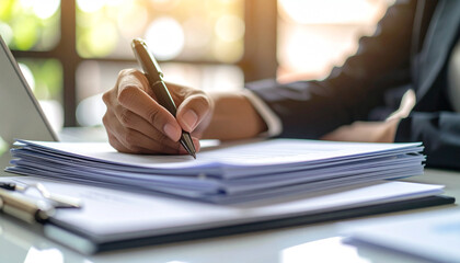 Business document in writing: A close-up perspective of a professional engrossed in the act of meticulous writing on official documentation.