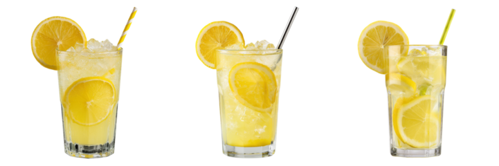 Set of Refreshing lemon beverage in a glass with a straw and slice isolated on a transparent background
