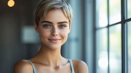 Close-up portrait of a smiling young woman with short blonde hair, looking directly at the camera.  Soft natural light