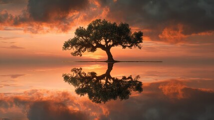 Solitary tree mirrored in water, stands against a dramatic sunset sky, reflecting light
