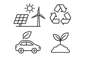 Eco-Friendly Sustainability Icons Set: Renewable Energy, Recycling, Clean Transportation, Organic Farming, Solar Panel, Wind Turbine, Green Technology, Environmental Conservation