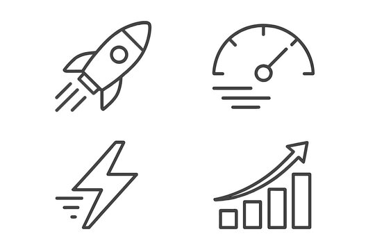 Dynamic Speed and Acceleration Icon Set – Thin Line Vector Illustrations of Rocket Launch, Speedometer, Lightning Bolt, Rapid Growth, Fast Movement, Quick Progress, Business Success, Performance Boost