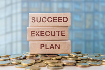 Focus on succeed with execute plan blocks over coins in a contemporary office setting during daylight