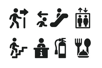 Comprehensive Public Space Wayfinding Vector Icon Set &ndash; Navigation, Emergency, Escalator, Elevator, Stairs, Information Desk, Fire Extinguisher, Food Court, Black Pictogram Signs