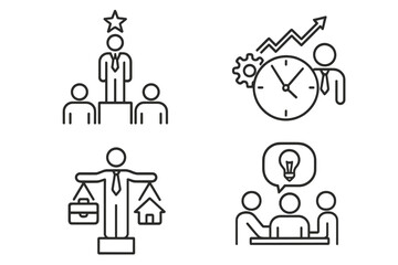 Business concept line icon set of 4. Leadership, productivity, collaboration, teamwork. Vector pictograms of work life balance, brainstorming, success and efficiency.