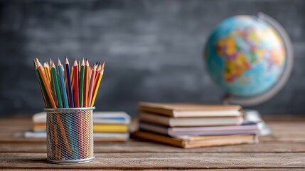 Obraz premium Back to school setup with colorful pencils, books, and globe on a rustic wooden desk.