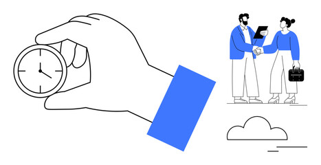 Hand holding a clock symbolizing time, alongside a business pair shaking hands, representing teamwork, punctuality, collaboration, and productivity. Ideal for time management, partnership, business