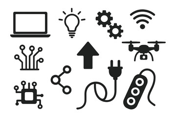 Modern Technology Icons Set. Laptop, Light Bulb, Gears, Drone, WiFi, Up Arrow, Circuit Board, Network, Microchip, Power Plug, Power Strip, Surge Protector, Extension Cord. Vector Illustration
