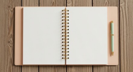 An open blank notebook with a pen lies on a wooden desk surface