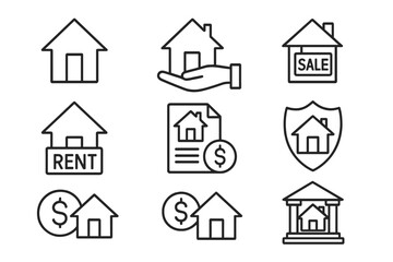 Fototapeta premium Real Estate Line Icon Set. Buying, Selling, Renting House. Mortgage, Housing Loan, Property Sale, Rent, Insurance, Investment, Financial Document, Bank, Web Linear Outline Vector Illustration