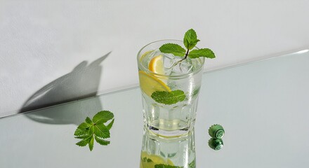 Refreshing Drink with Lemon and Mint on Reflective Surface