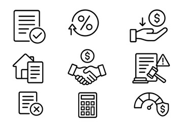 Comprehensive Loan and Financing Line Icon Set. Vector Illustration Collection Featuring Approval, Interest Rate, Repayment, Mortgage, Agreement, Penalty, Rejection, Calculator, Credit Score