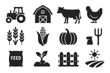 Farm and Agriculture Icon Set – Tractor, Barn, Cow, Chicken, Wheat, Corn, Pumpkin, Feed, Seedling, Fence, Pitchfork, Sun, Rural Farming Vector Illustration