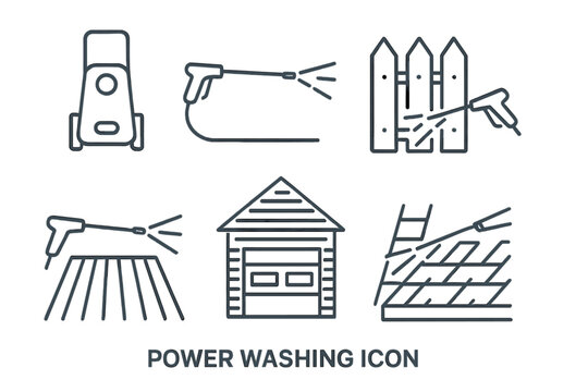 Power Washing Line Icon Set. Vector Pictograms of Pressure Washer, Deck, Patio, Fence, Siding, Garage, Window, Ladder, Roof. Thin Linear Cleaning Illustration for Home Exterior Maintenance