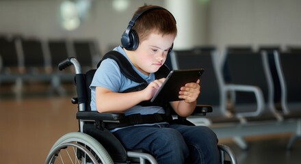 Focused boy with Down syndrome using tablet in wheelchair at airport terminal