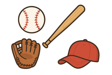 Baseball equipment vector icon set. Collection of sports elements including ball, wooden bat, leather glove, and red cap. Game gear illustration isolated on background.