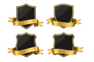Black shields with golden ribbons vector set. Award emblem, security badge, luxury logo, and premium quality guarantee crest template collection on transparent background.