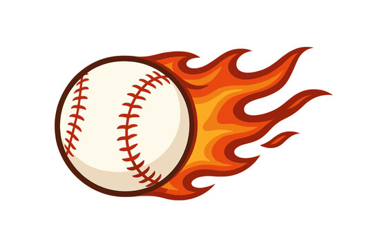 Flaming baseball vector illustration. Fiery fastball with speed trail. Sport logo icon for team mascot or competition. Power and energy concept. Isolated graphic element.