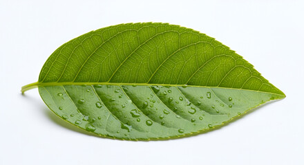 Obraz premium A close-up view of a single, vibrant green leaf with water droplets.