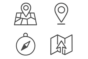Navigation and Location Concept Icons Set. Linear Vector Symbols for Map, GPS, Compass, Direction, Travel, and Location Services. Minimal Outline Style for Web, App, and Graphic Design Resources.