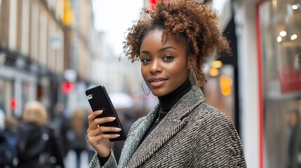 A young woman smiles confidently while using her phone on a busy city street