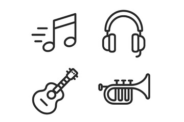 Music and Audio Line Icons Set. Vector Illustration of Musical Note, Headphones, Acoustic Guitar, and Trumpet. Minimalist Linear Style for Web, App, Digital Media, Music Store, and Creative Projects.