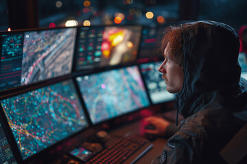 Engineer analyzes data from smart traffic system at urban control center