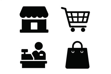 Modern Shopping and Retail Icon Set – Storefront, Shopping Cart, Cashier, Shopping Bag, E-commerce, Marketplace, Business Management, Black Silhouette Vector Collection