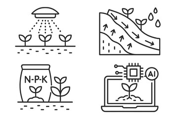 Sustainable Agriculture and Soil Regeneration Line Icon Set: Irrigation Systems, Erosion Control, Nutrient Management, Artificial Intelligence Precision Farming, Modern Farming Technology