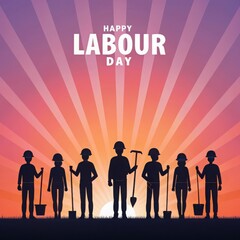 Happy labour day silhouette of workers with tools against a sunrise sky