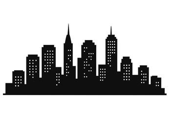 Naklejka premium Modern Urban Cityscape Silhouette Vector. Night City Skyline with Skyscrapers, Office Buildings, High-Rise Towers. Black City Architecture Isolated on White. Downtown Metropolis Skyline Illustration.