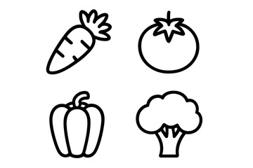 Minimalist Vegetable Icon Set. Carrot, Tomato, Bell Pepper, Broccoli. Black Outline Linear Style. Healthy Food, Vegan, Vegetarian, Organic Produce. Web, App, Graphic Design Resources.