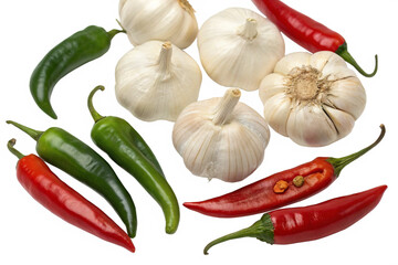 Set of garlic and peppers, chilli isolated on transparent background