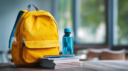 Bright yellow backpack and school supplies represent a fresh start, learning and inspiration for academic success
