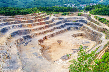 Open pit mine with multiple levels and roads surrounded by green hills