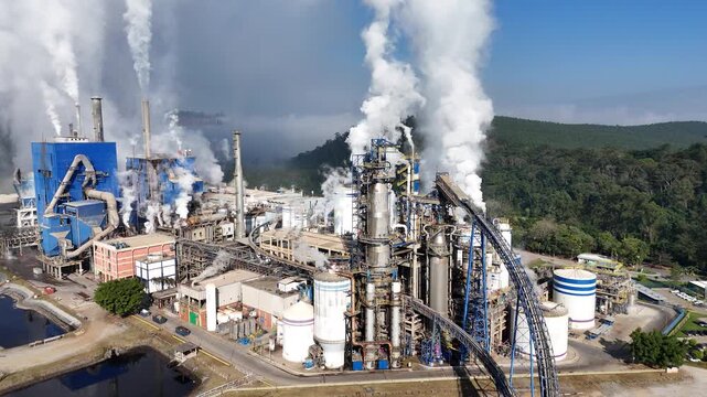 V&iacute;deo drone captura ind&uacute;stria de papel com chamin&eacute;s liberando fuma&ccedil;a cont&iacute;nua. As caldeiras ativas e a grande escala da planta evidenciam a for&ccedil;a e o impacto do setor