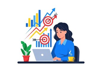 Woman working on laptop with business growth charts and targets isolated on white background