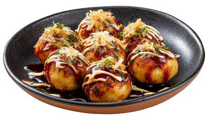 Delicious Takoyaki Balls on a Black Plate, Japanese Street Food Snack with Sauce and Toppings