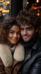 Close-up portrait of a young couple, smiling warmly at the camera.  They are sitting close together, displaying affection.  The background is blurred, suggesting a cozy, urban setting